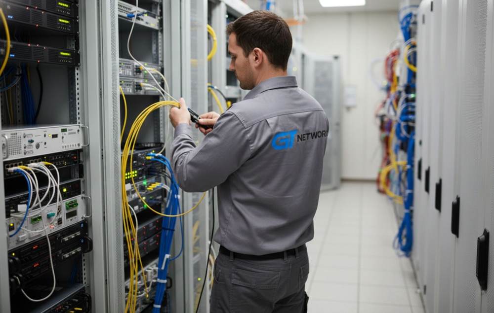 GT Global field services technician terminating fiber optic cables in a data center rack during a Smart Hands dispatch