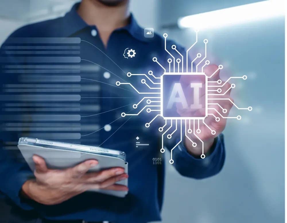 Professional with a tablet interacting with an AI chip interface