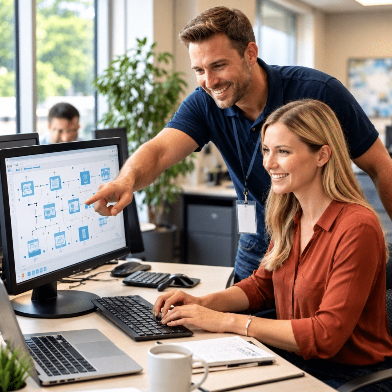 Support specialist helping a colleague at a computer