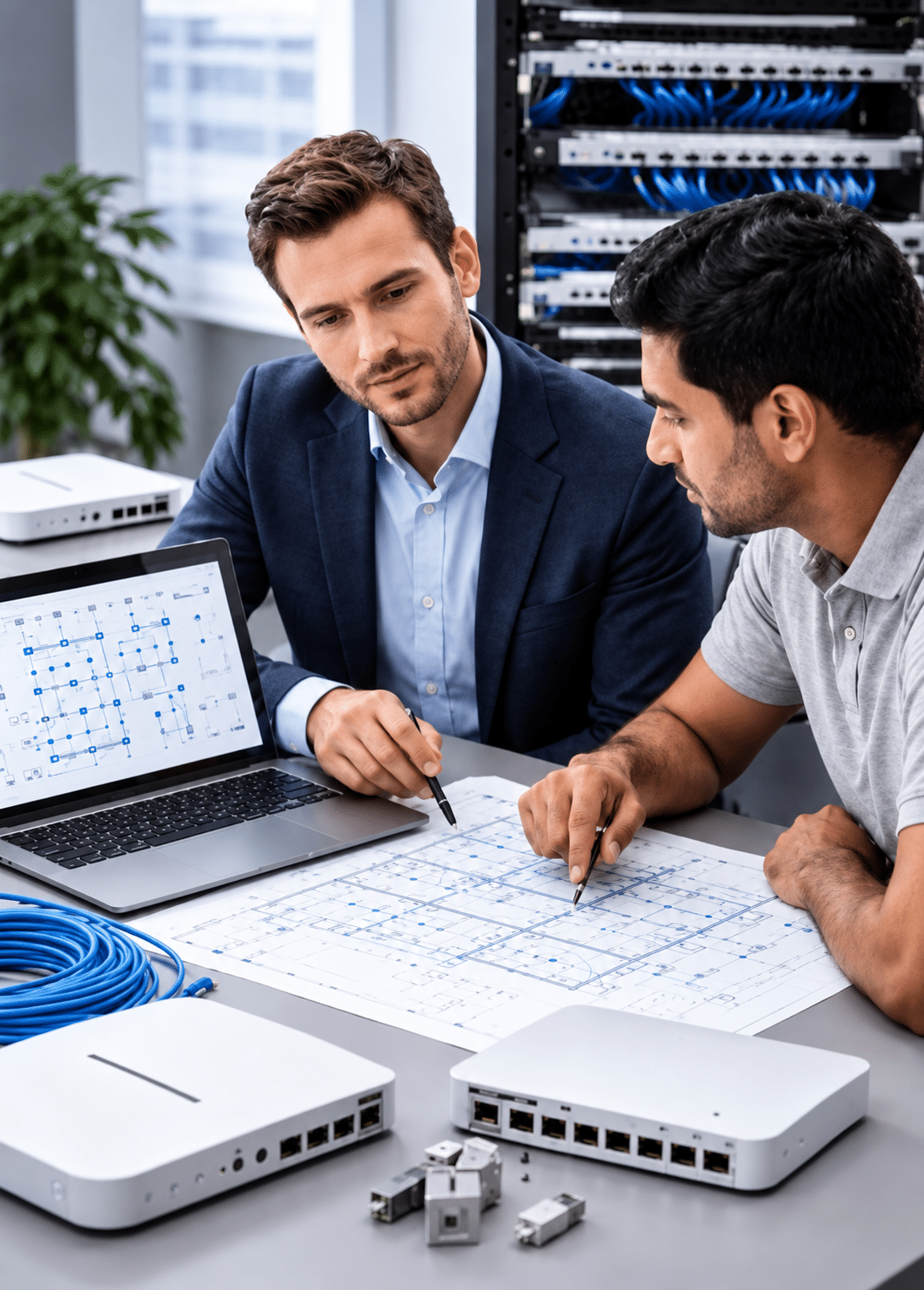 Two people planning a network beside routers and racks