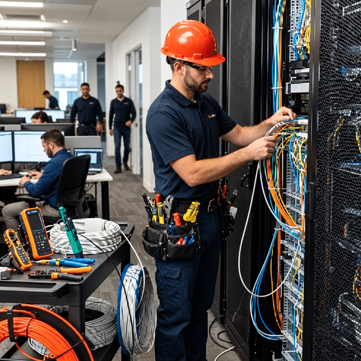 Technician in an orange hard hat working on a server rack