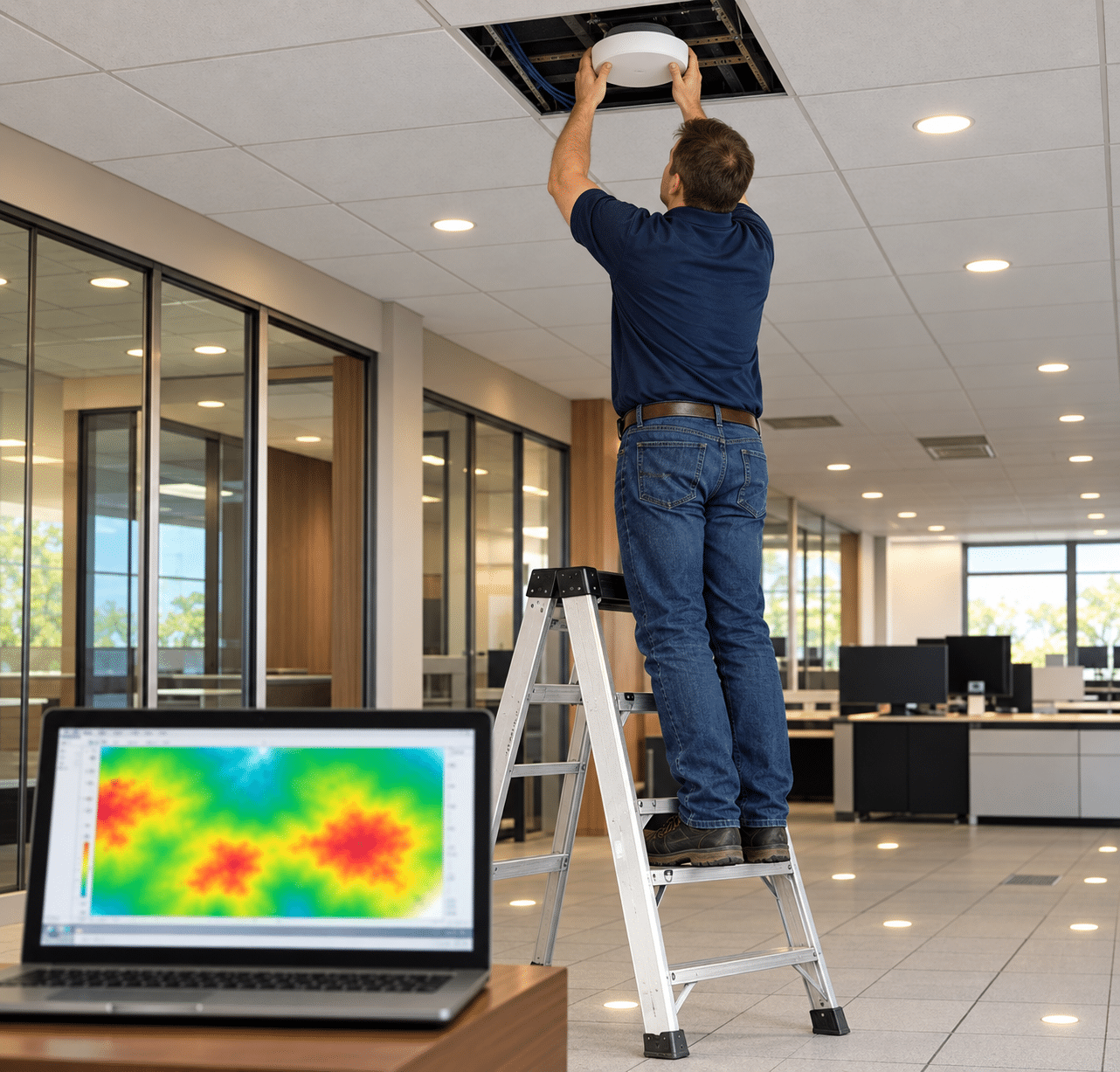 Technician installing equipment in an office ceiling