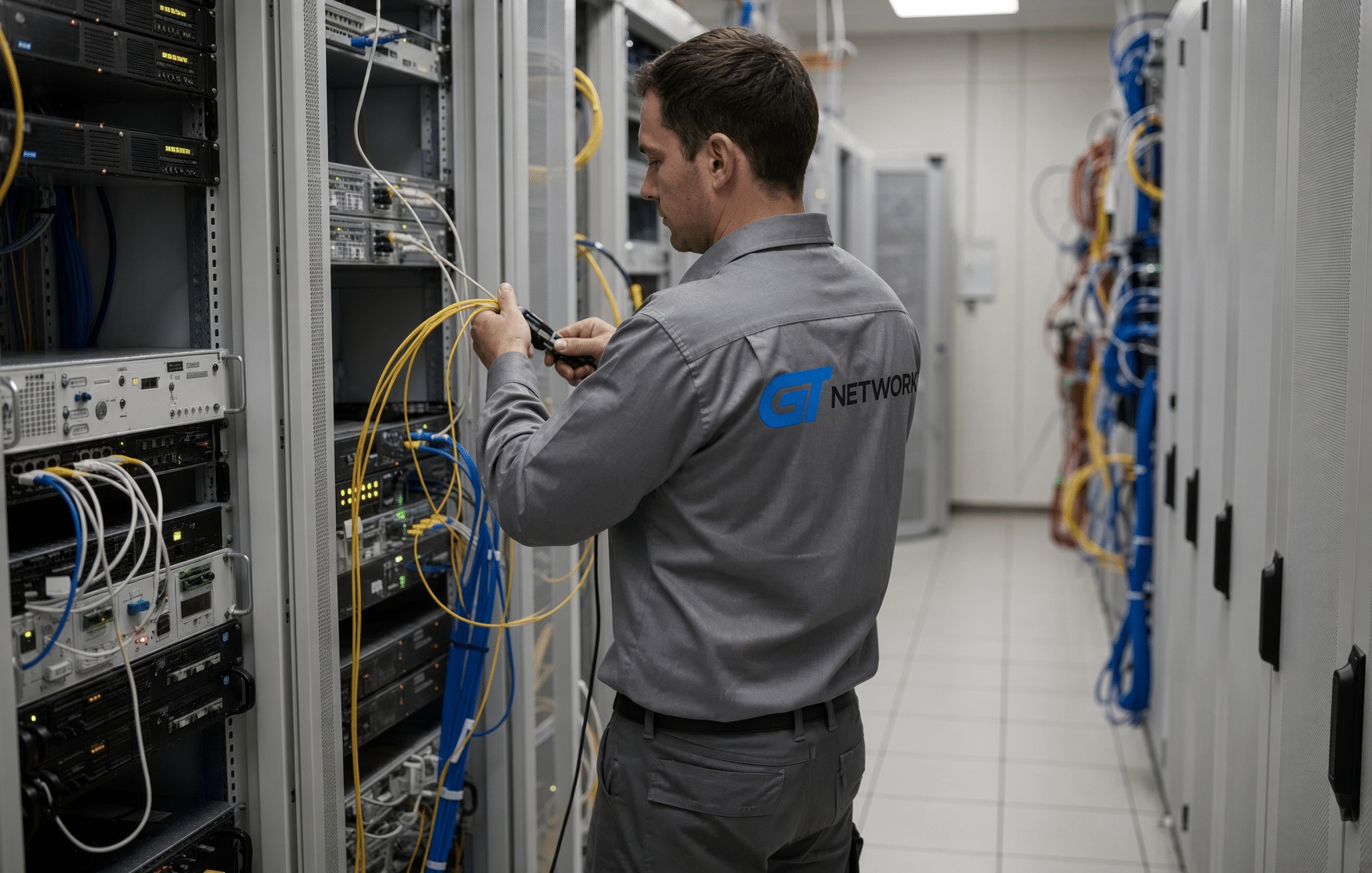 Technician working on fiber-optic cabling in a data center equipment rack.